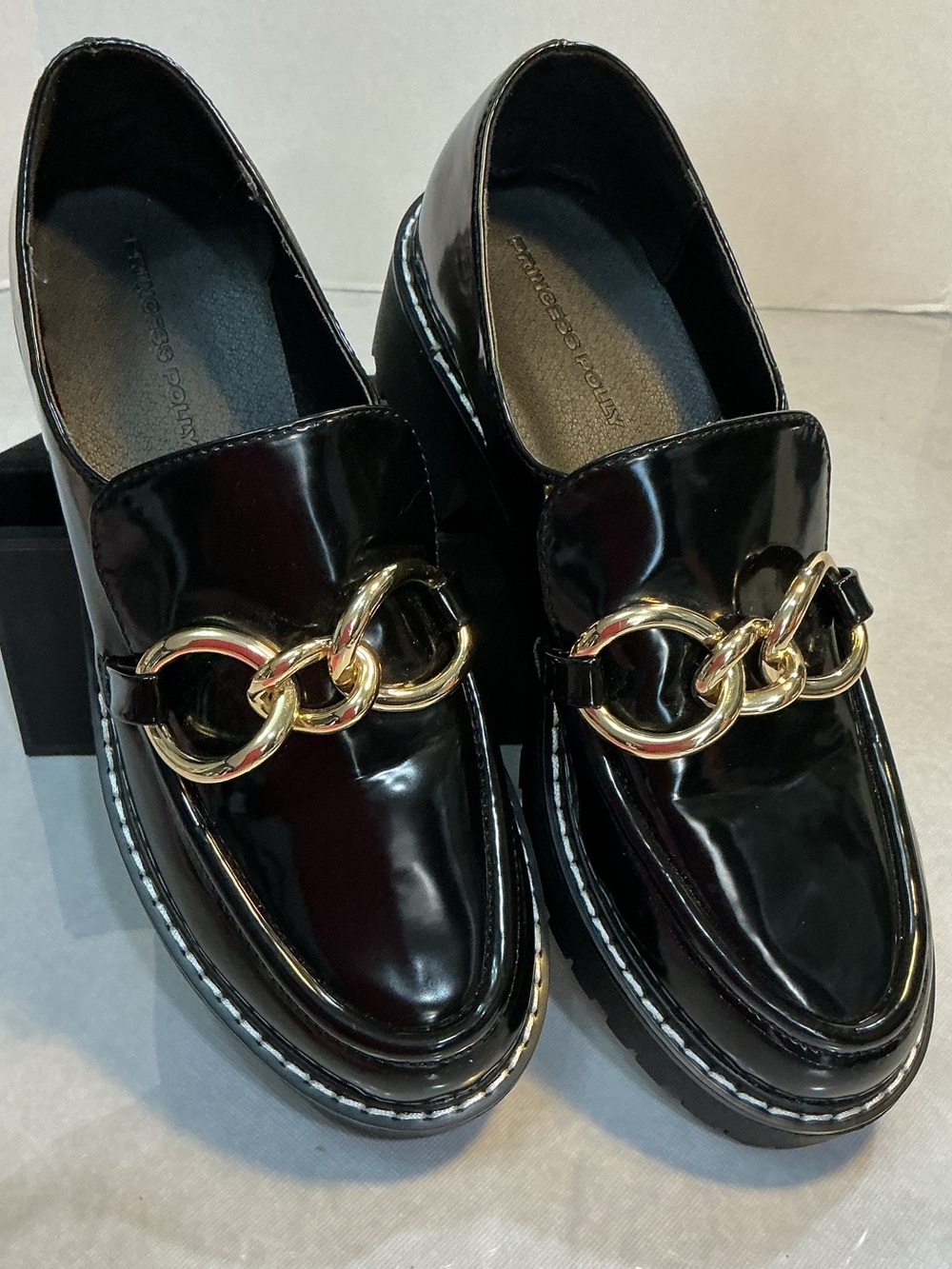 Princess Polly Capri Black Patent Link Lug Loafers Platform Size 7